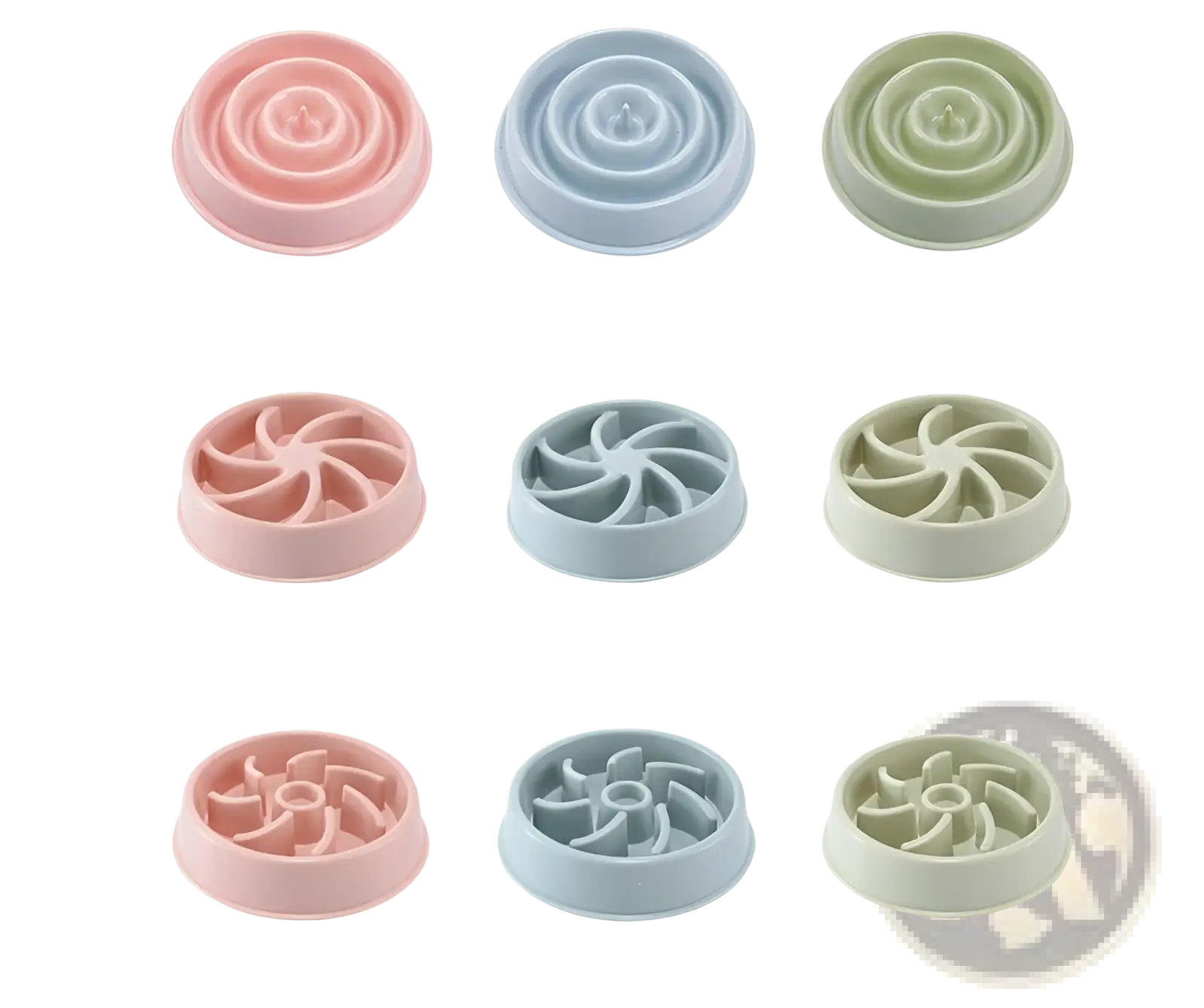 Set of three pastel silicone slow feeder dog bowls in pink blue and green with spiral and fan-shaped anti choke designs