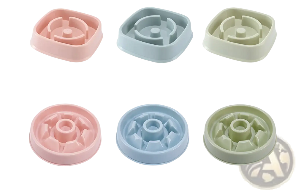 Slow feeder dog bowl set with six pastel pink light blue and beige plastic pet anti choke dishes