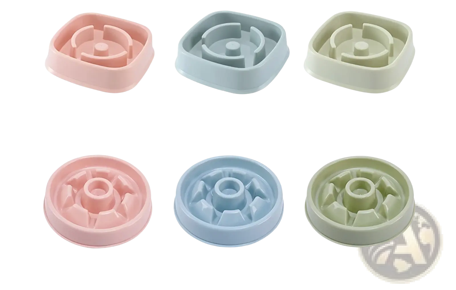 Slow feeder dog bowl set with six pastel pink light blue and beige plastic pet anti choke dishes