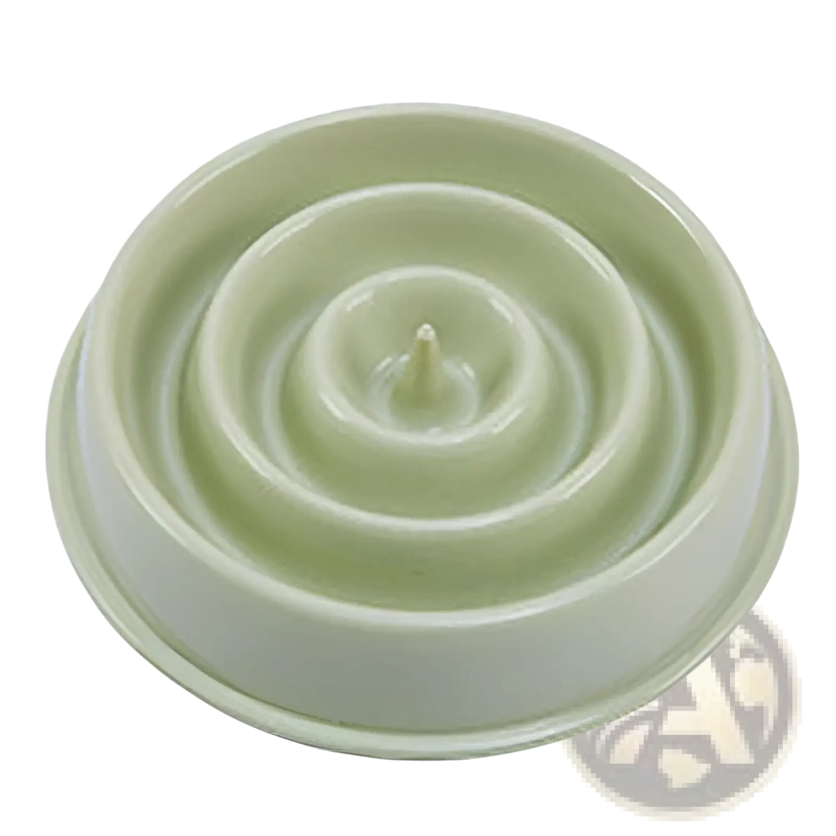 A light green circular ceramic slow feeder dog bowl with concentric ridges and a central feeding spike for anti choke use