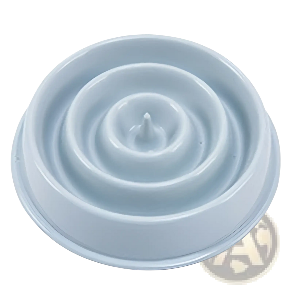 Light blue plastic slow feeder dog bowl with concentric ridges and central spike to prevent choking