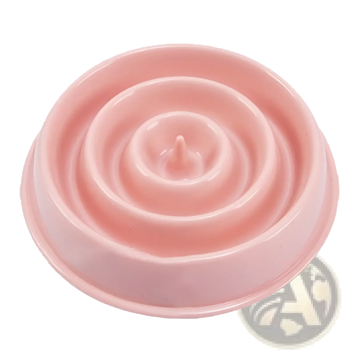 Pink silicone slow feeder dog bowl with concentric ridges and central spike anti choke plastic pet dish