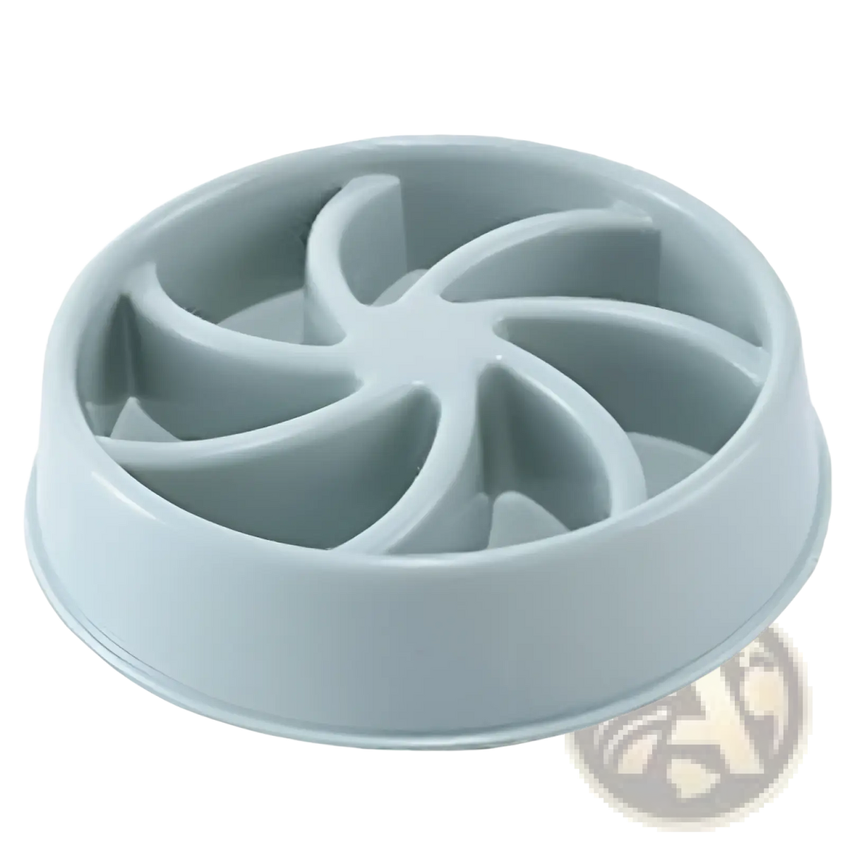 Light gray plastic slow feeder dog bowl with circular segmented design for anti choke feeding