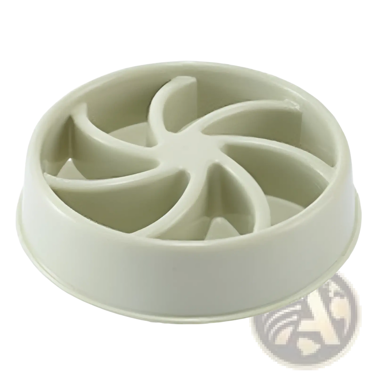 Off-white plastic slow feeder dog bowl with circular fan-like compartments for anti choke feeding use