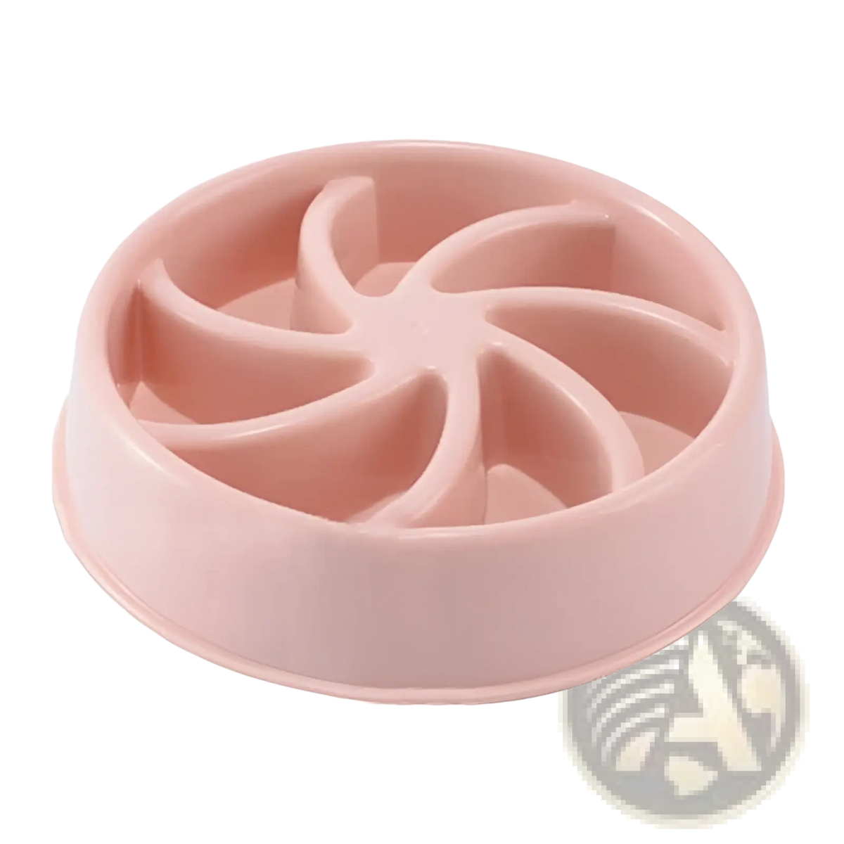 Pink plastic slow feeder dog bowl with circular segmented design to prevent choking and promote slow eating