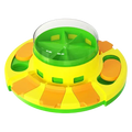 Bright yellow and green plastic slow feeder dog puzzle with clear dome lid for dry food dispenser use