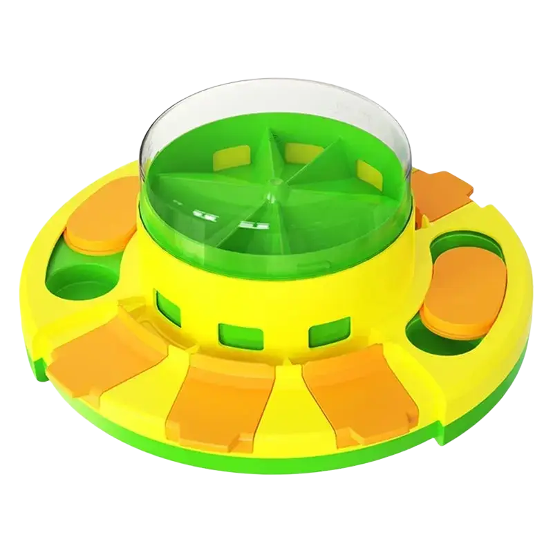 Bright yellow and green plastic slow feeder dog puzzle with clear dome lid for dry food dispenser use