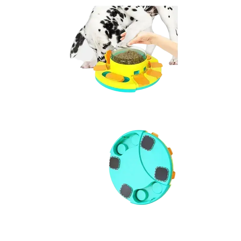 Bright yellow and teal slow feeder dog puzzle with orange paw-shaped slots for dry food dispenser use