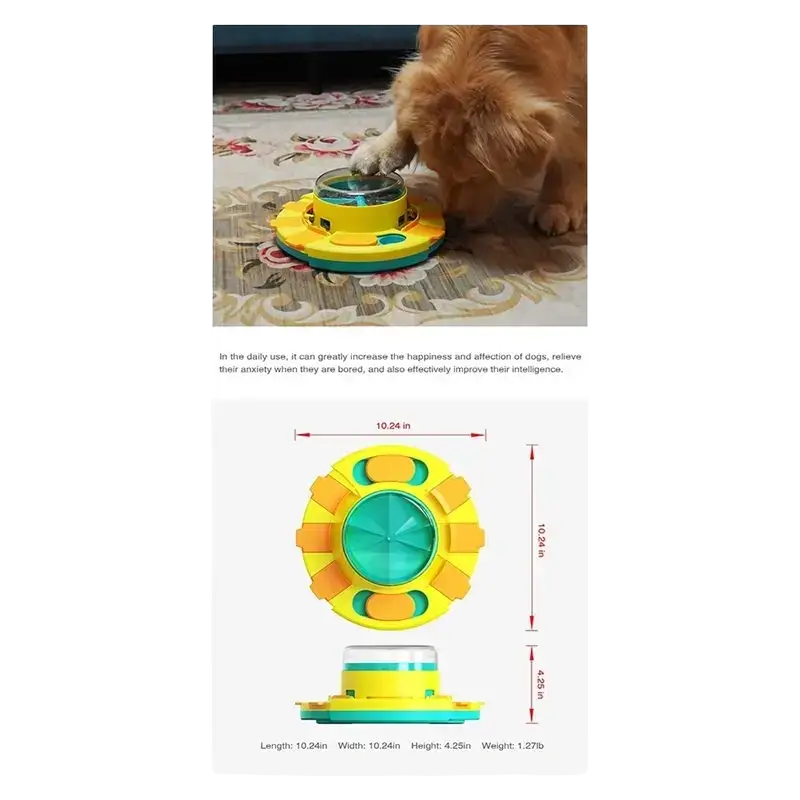 Bright yellow and teal slow feeder dog puzzle dispenser with transparent top for dry food portion control