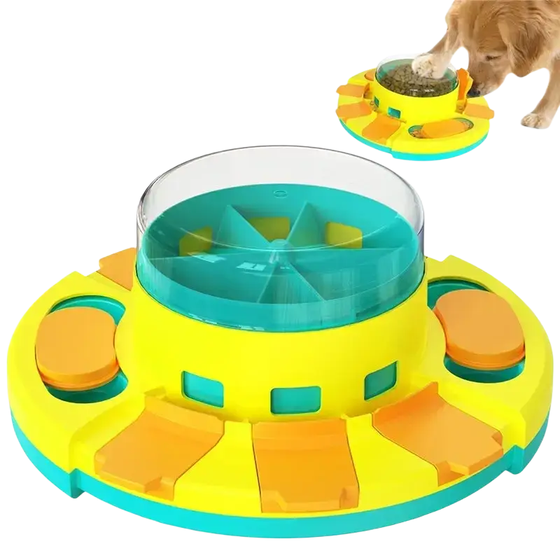 Bright yellow and teal plastic slow feeder dog puzzle with clear dome lid for dispensing dry food