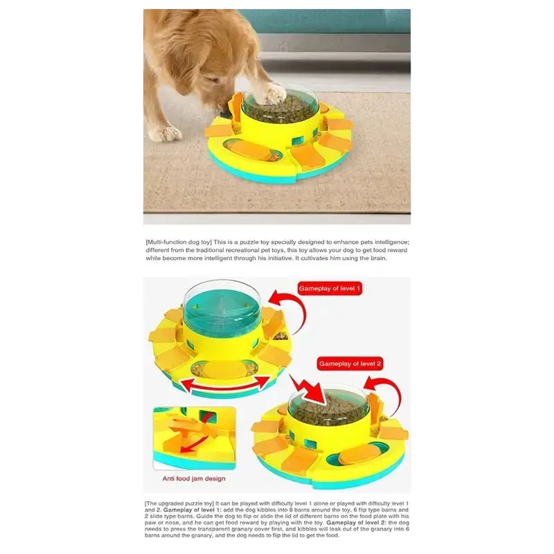 Yellow and teal multi-level slow feeder dog puzzle with flip-type barriers for dry food dispenser and interactive feeding