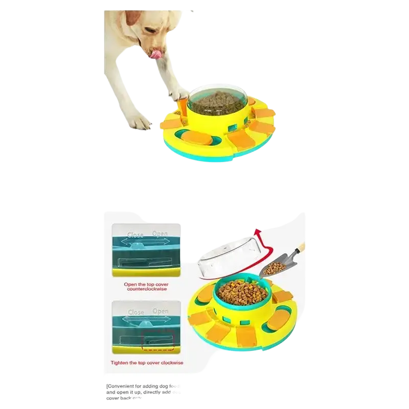 Yellow and teal plastic slow feeder dog puzzle with transparent lid for dry food dispenser use