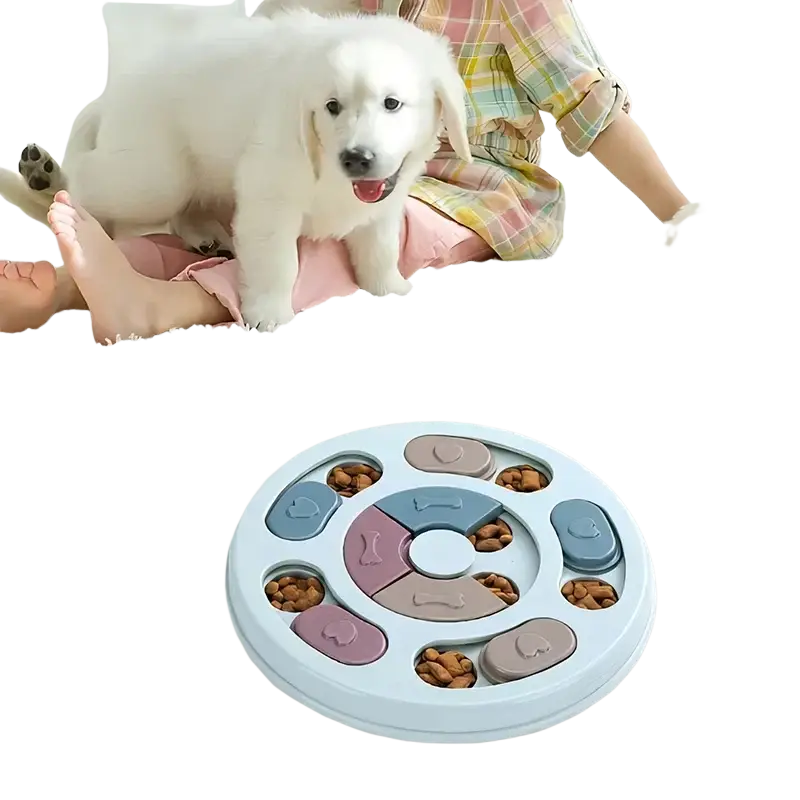 Light blue and mauve plastic slow feeder with bone heart and paw compartments for interactive educational feeding
