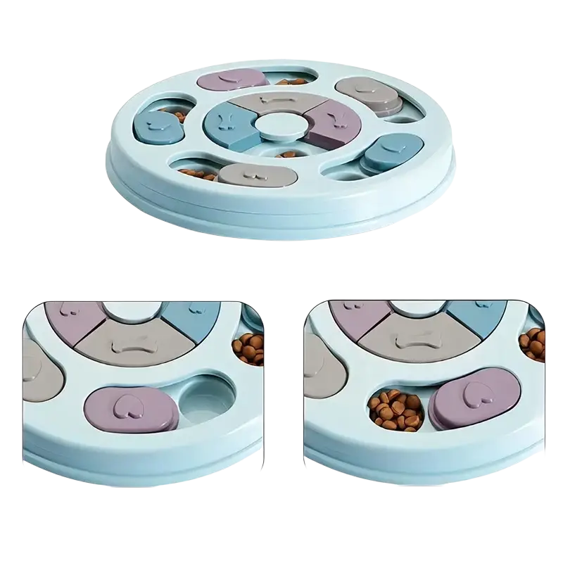 Pastel-colored plastic slow feeder with multiple compartments and smiley face buttons for interactive educational feeding