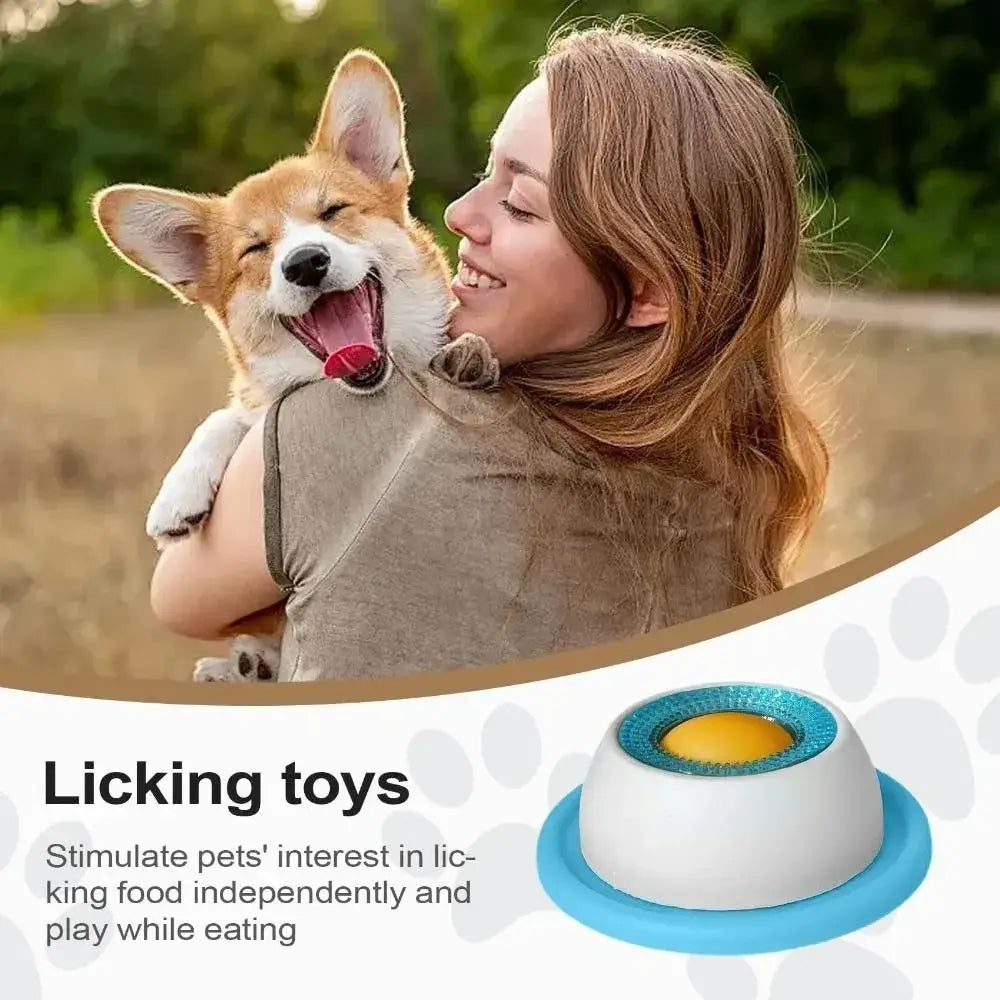 Blue and white slow feeder pet lick bowl with yellow center and stable base for comfortable feeding