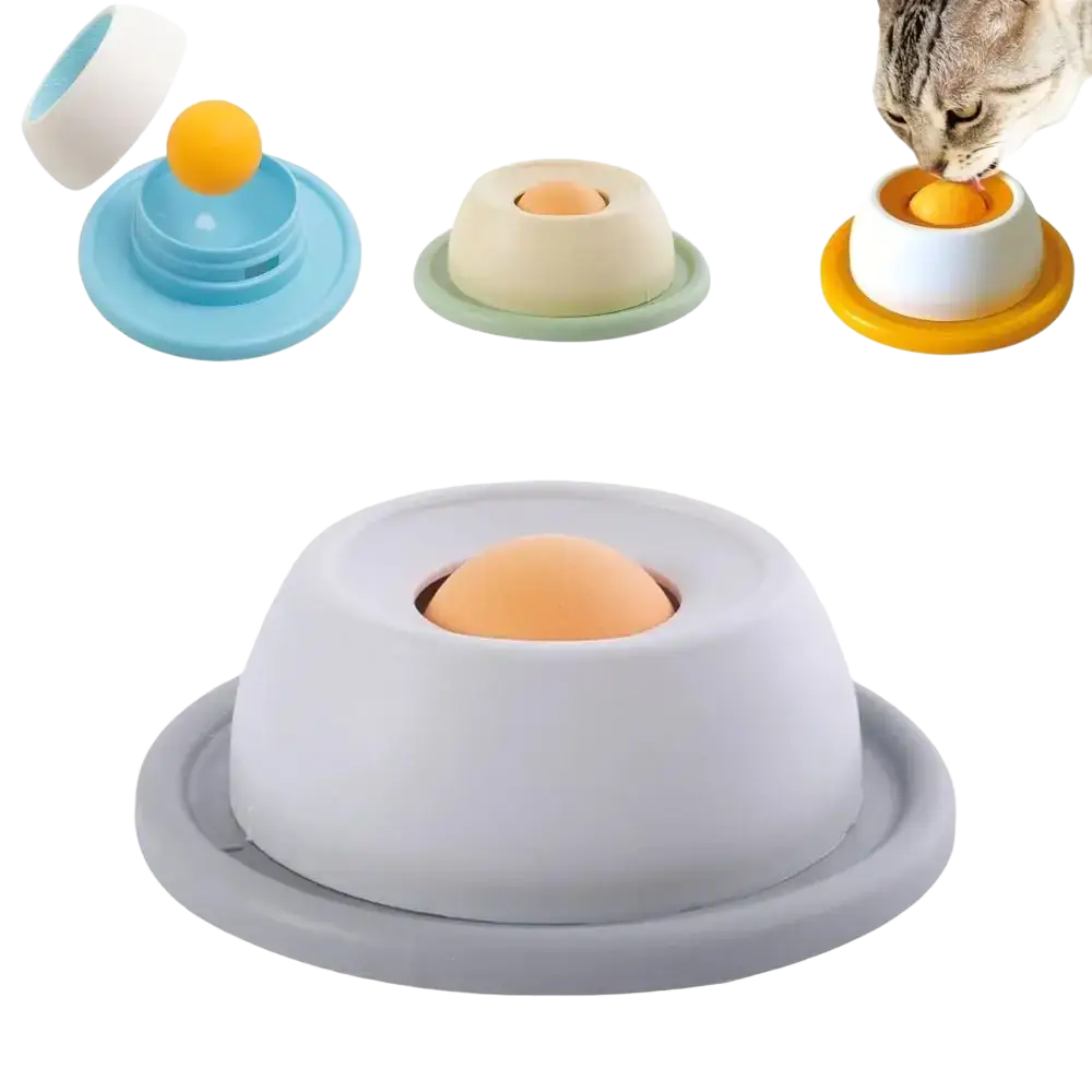 Gray plastic slow feeder pet lick bowl with orange ball and stable base for controlled feeding and licking