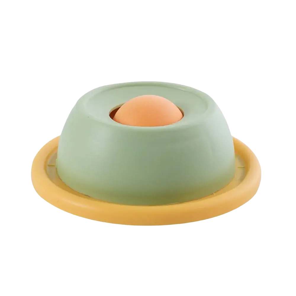 Pastel green and yellow plastic slow feeder pet lick bowl with stable base and central orange sphere