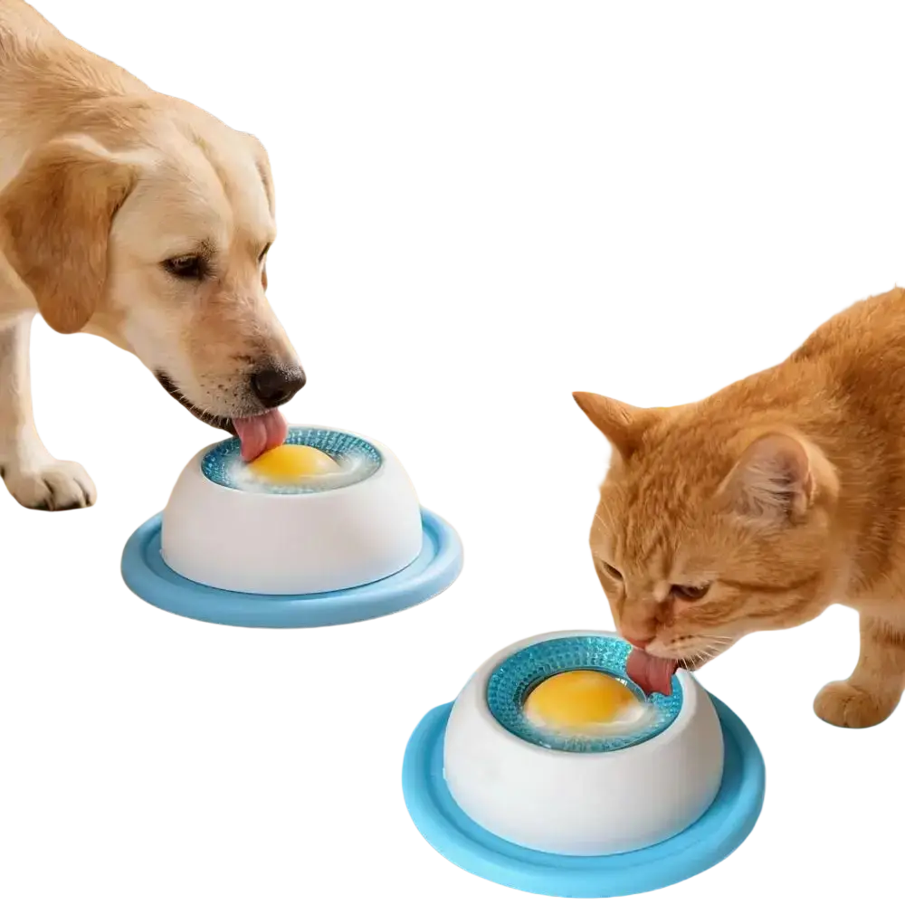 White and blue slow feeder pet lick bowl with textured circular base and stable base for slow-release feeding