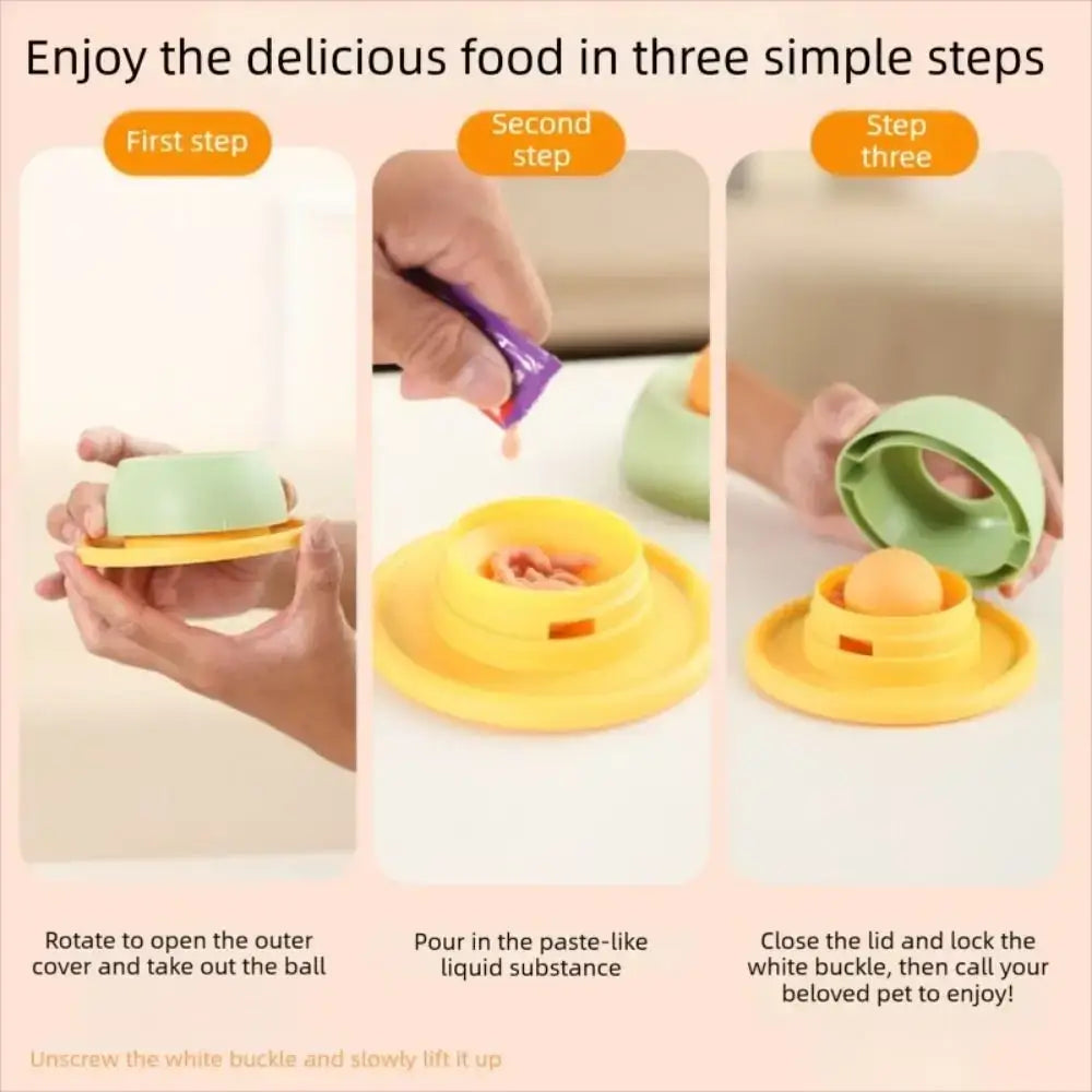 Yellow and light green plastic slow feeder pet lick bowl with stable base and white buckle mechanism for treats
