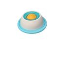 A compact slow feeder pet lick mat bowl with white base light blue rim and textured teal ring around central yellow ball