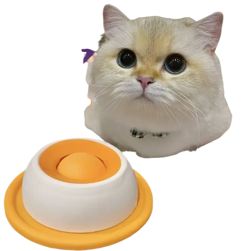 Orange and white silicone slow feeder cat treat dispenser with circular base for interactive treat feeding