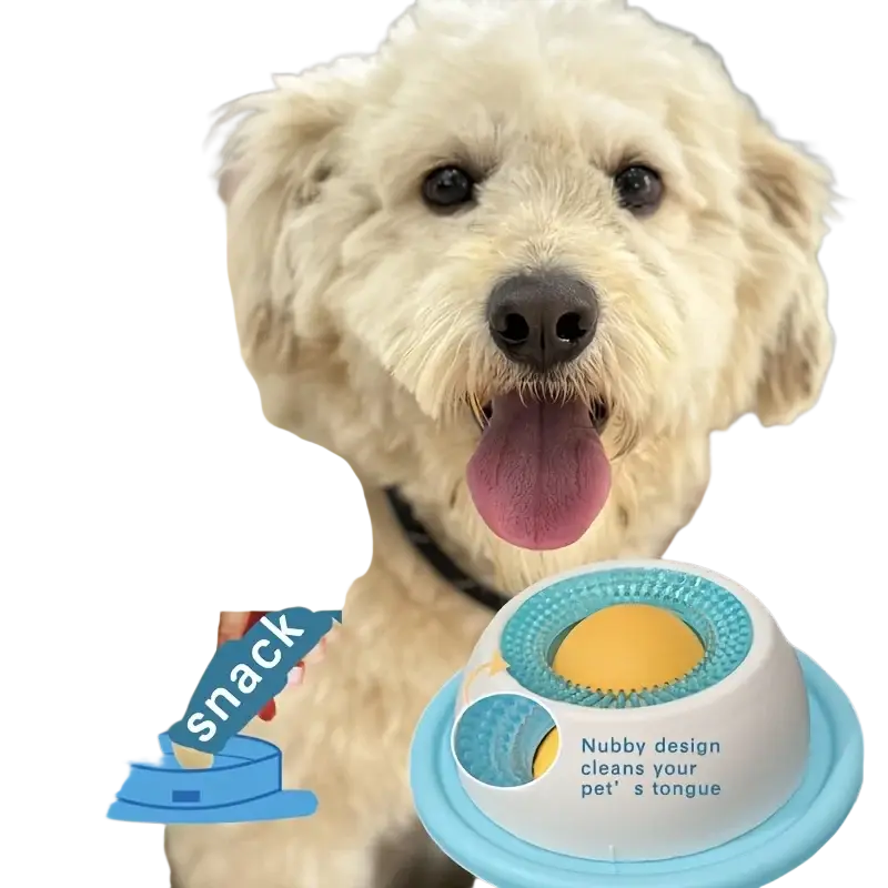 Slow feeder pet lick mat interactive treat bowl in white and light blue with textured surface to clean dog tongue
