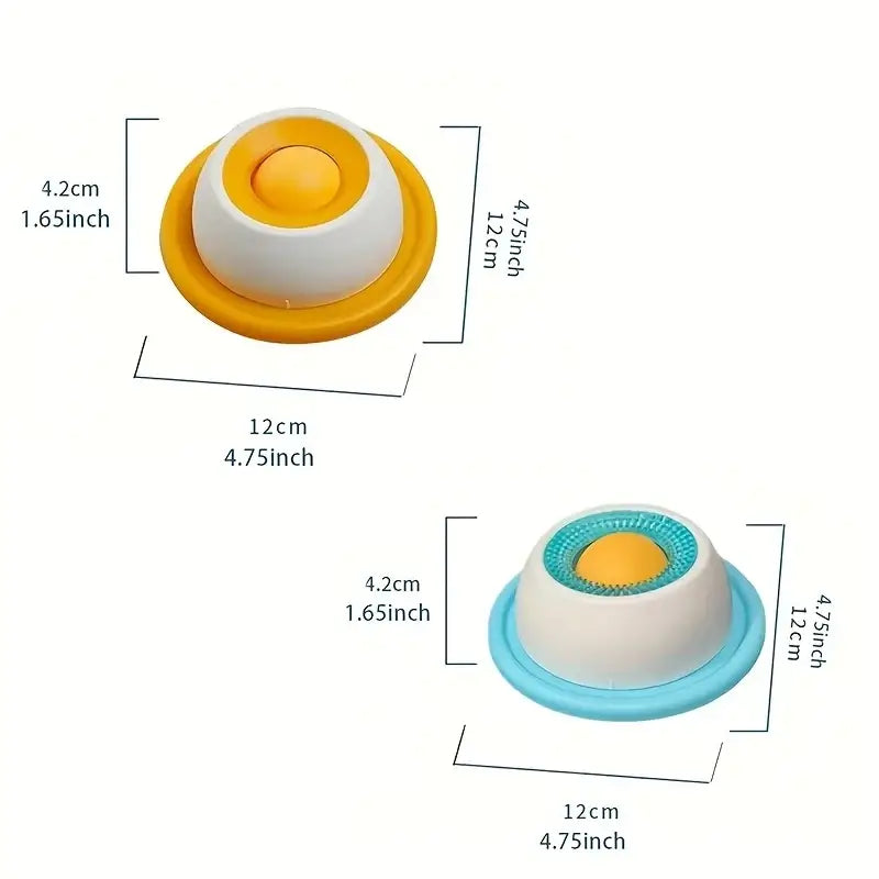 Yellow and white plastic slow feeder pet lick mat with a textured circular base for interactive treat feeding
