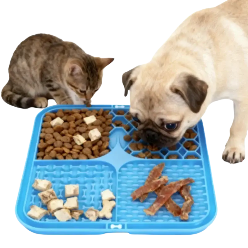 Blue silicone slow feeder pet lick silicone mat with divided sections for kibble and treats for dogs