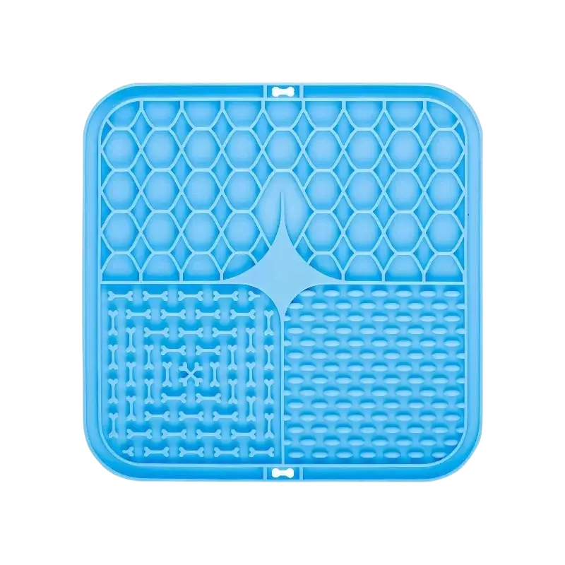 Blue slow feeder pet lick silicone mat with honeycomb pattern bone-shaped indentations and divided sections for dogs