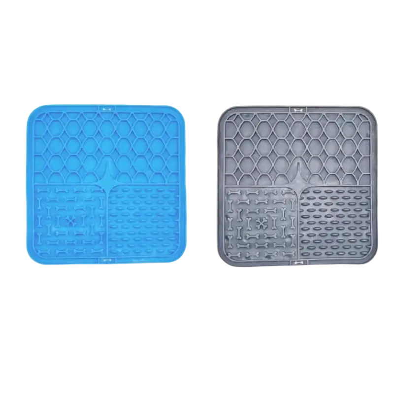 Slow feeder pet lick silicone mats in blue and gray with honeycomb texture for dogs to encourage licking and slow feeding
