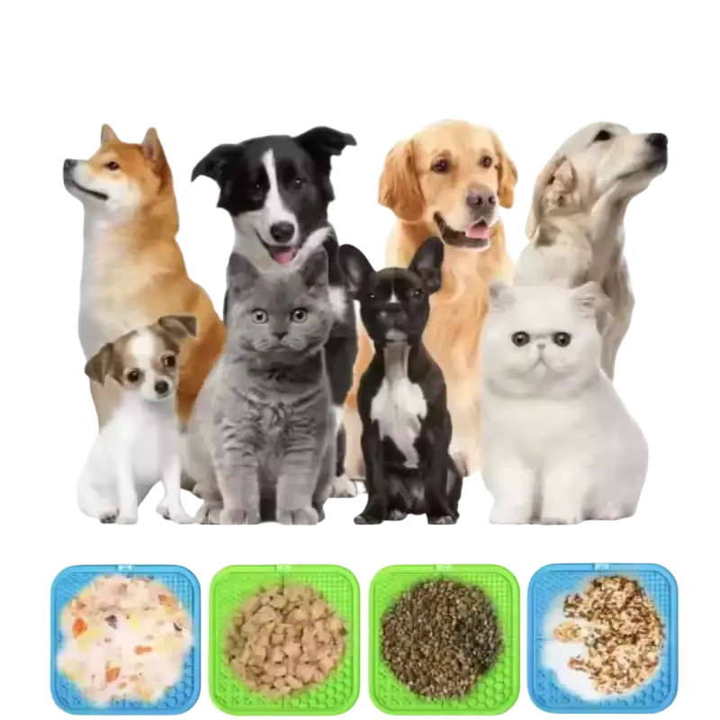 Slow feeder pet lick silicone mat in blue green and light blue with textured surfaces for dry food feeding