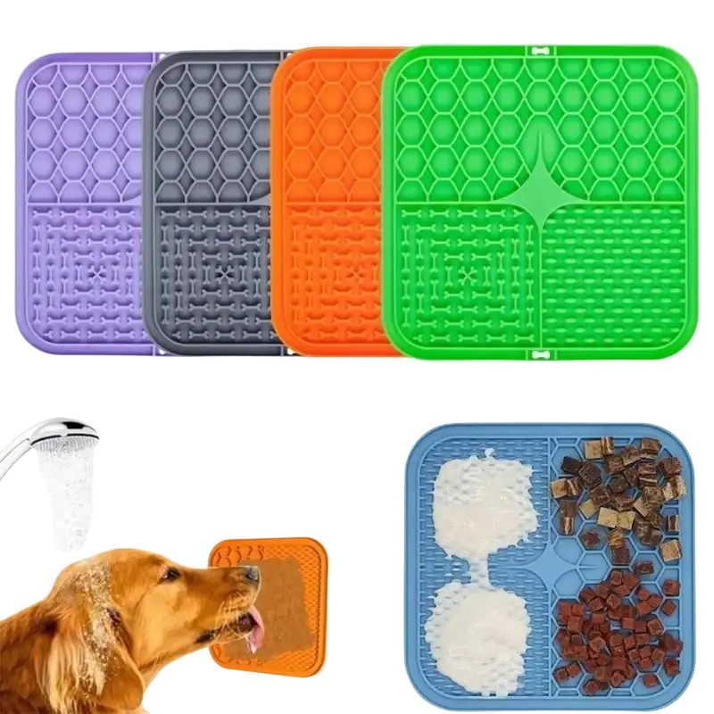 Colorful slow feeder pet lick silicone mat with textured bone-shaped compartments for dogs to eat slowly