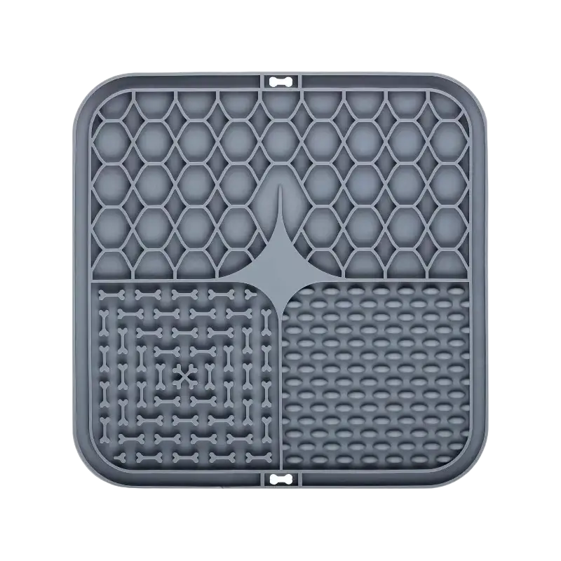 Gray slow feeder pet lick silicone mat with honeycomb bone and oval textured pattern for dogs