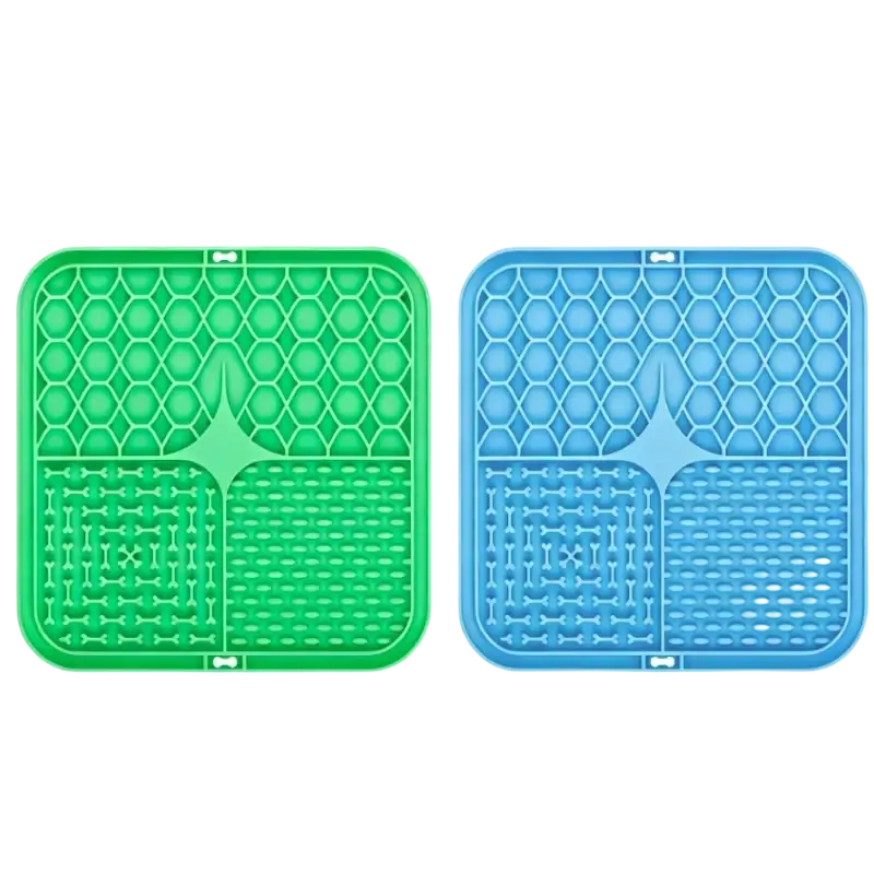 Slow feeder pet lick silicone mat for dogs in green and blue with honeycomb pattern for extended feeding sessions