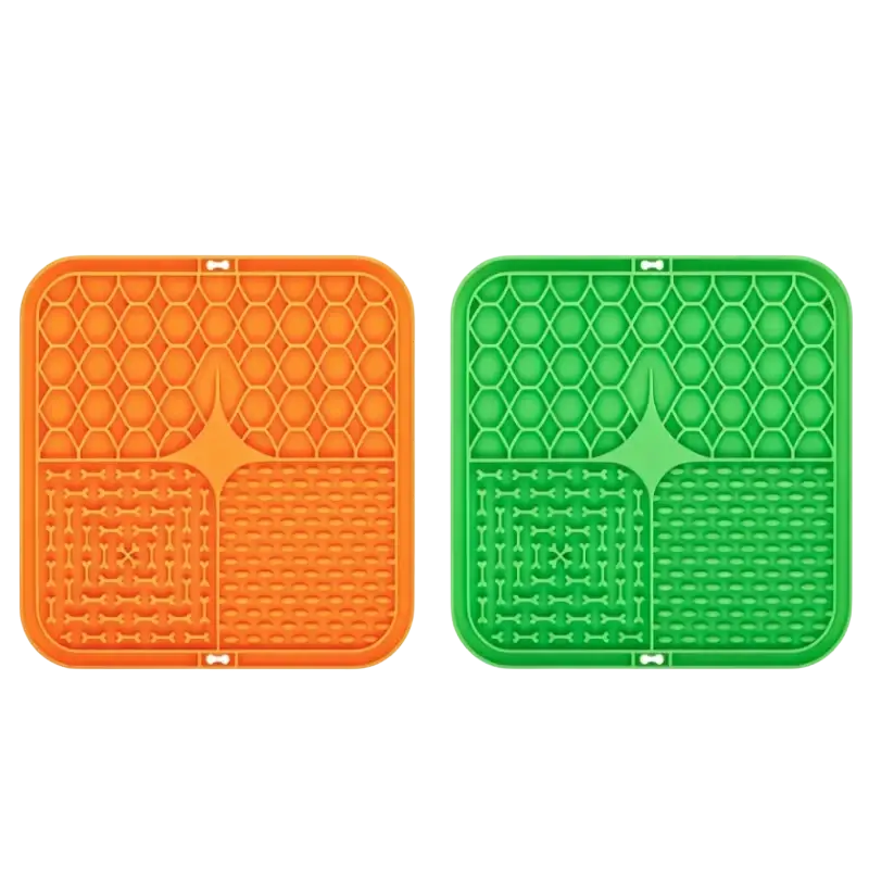 Slow feeder pet lick silicone mats in orange and green with honeycomb and bone textures for dogs
