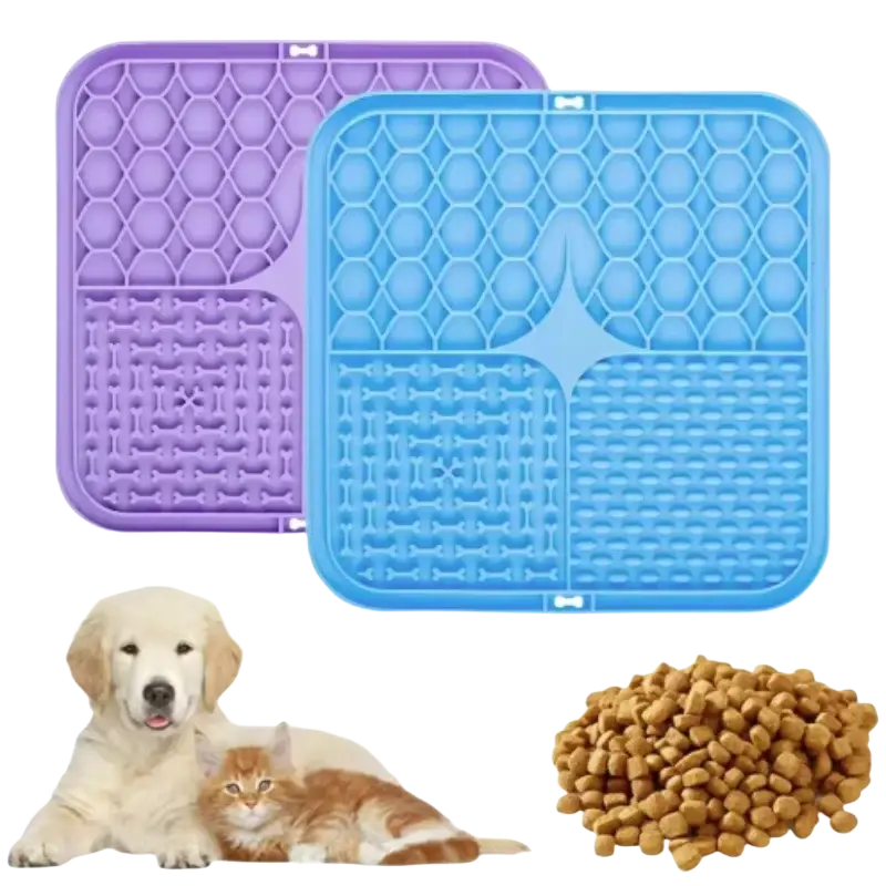 Slow feeder pet lick silicone mat in purple and blue with honeycomb and bone textures for dogs