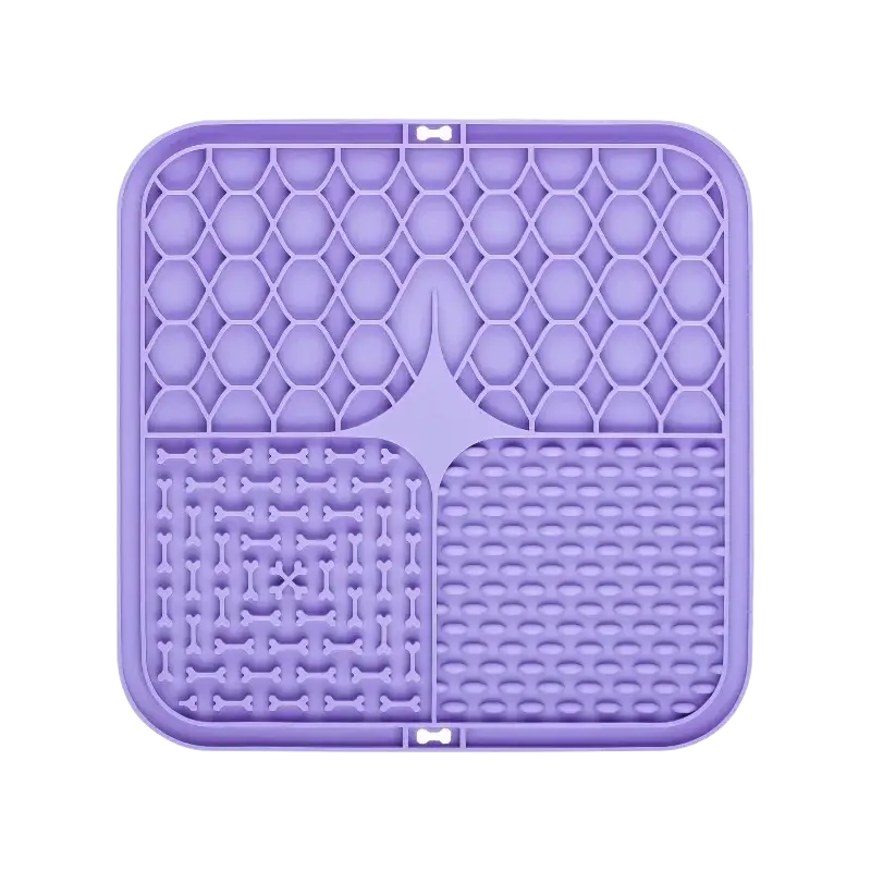 Purple slow feeder pet lick silicone mat with honeycomb bone and oval textured sections for dogs