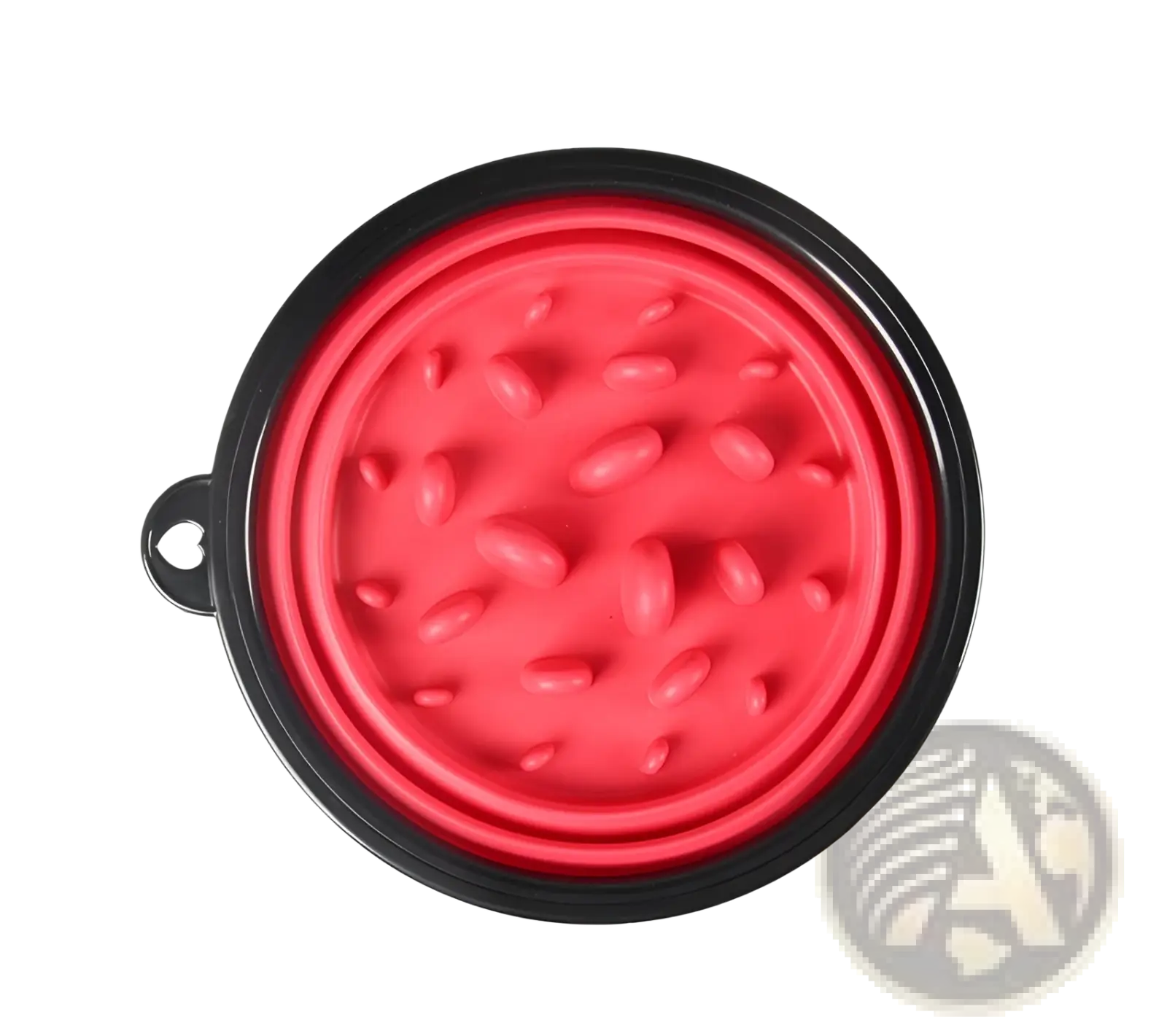Red silicone slow food pet bowl with black rim and textured surface, collapsible for easy storage and travel