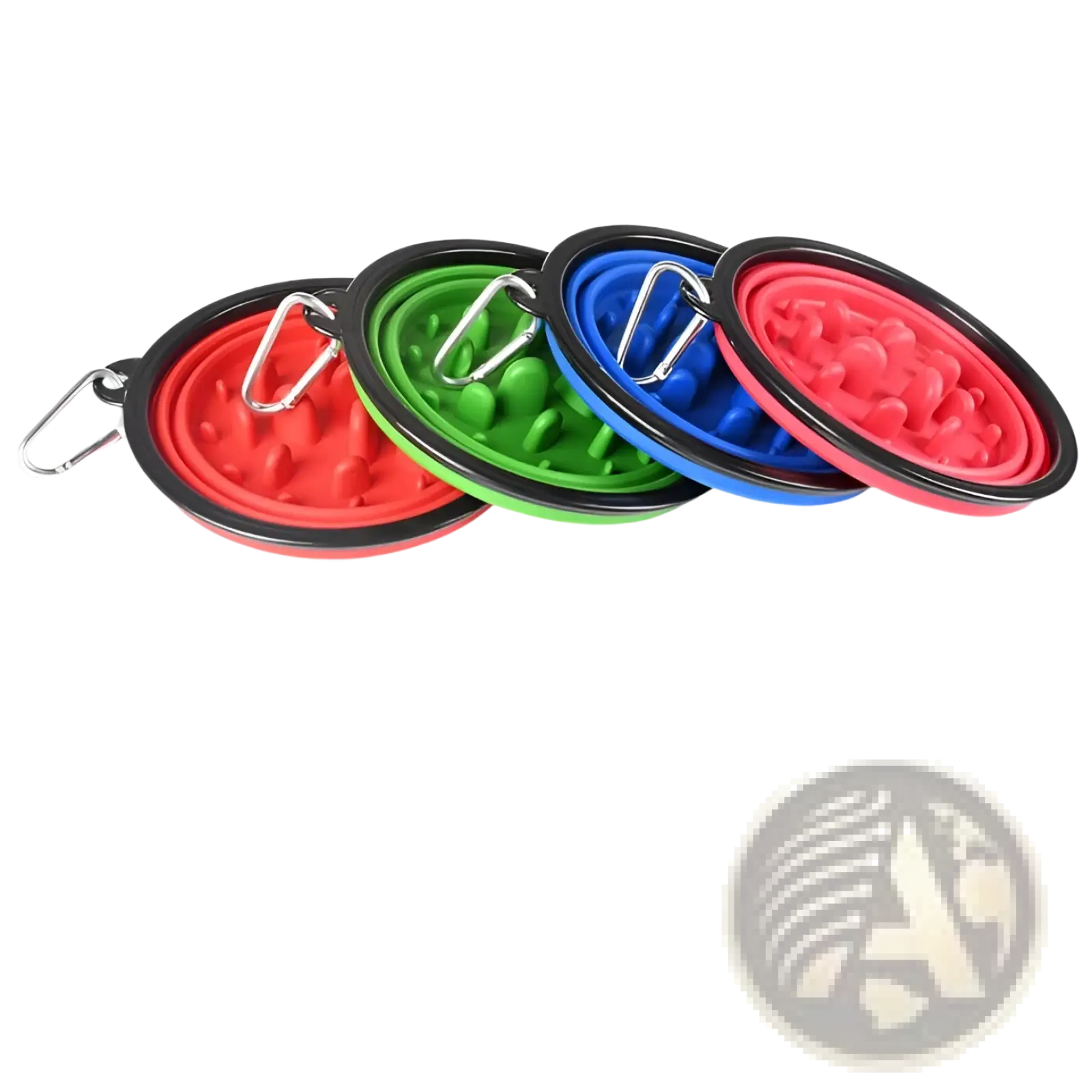 Colorful silicone collapsible pet bowls with black rims and metal carabiners slow food pet bowl collapsible 4 pack