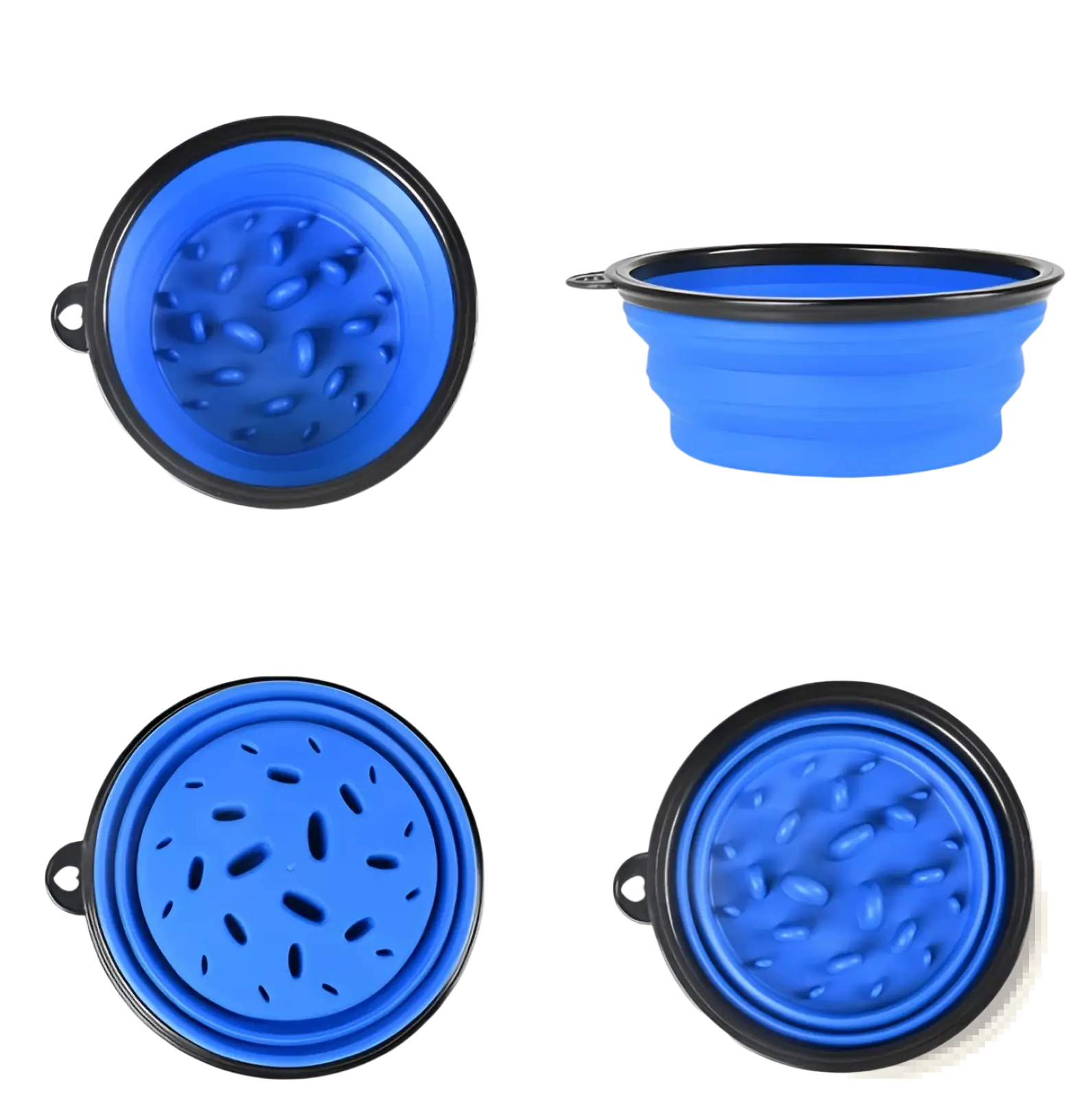 Blue collapsible silicone slow food pet bowl with black rim and textured interior surfaces for easy feeding