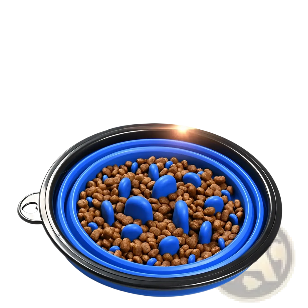Blue and black collapsible silicone slow food pet bowl with blue silicone maze inserts for feeding enrichment