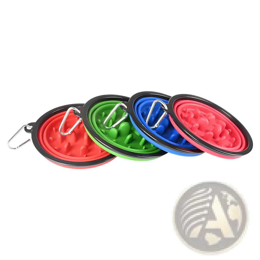 Four collapsible silicone pet bowls in red green blue and pink with black rims and silver carabiner clips slow food pet bowl pack