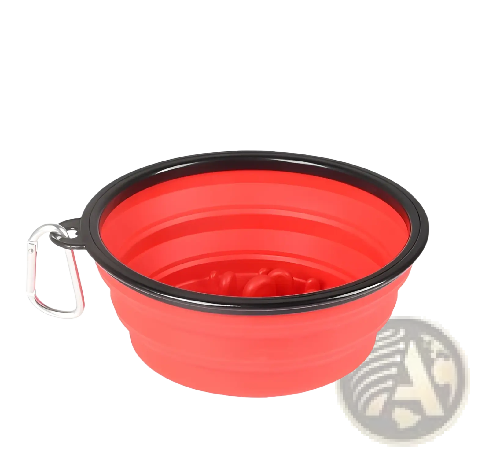 Red collapsible silicone slow food pet bowl with black rim and silver carabiner clip for easy portability
