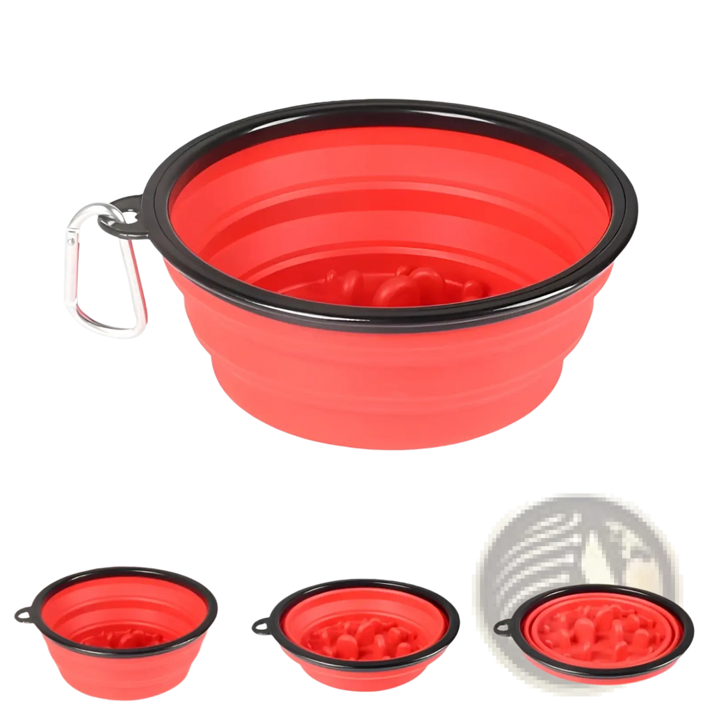Red slow food pet bowl collapsible silicone with black rim and silver carabiner clip for travel and feeding
