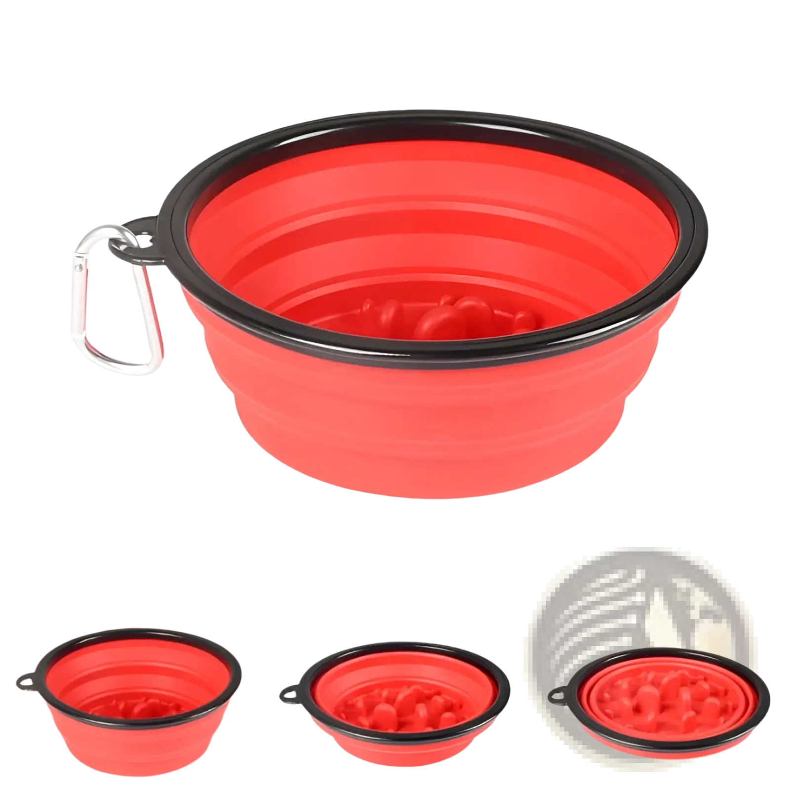 Red slow food pet bowl collapsible silicone with black rim and silver carabiner clip for travel and feeding