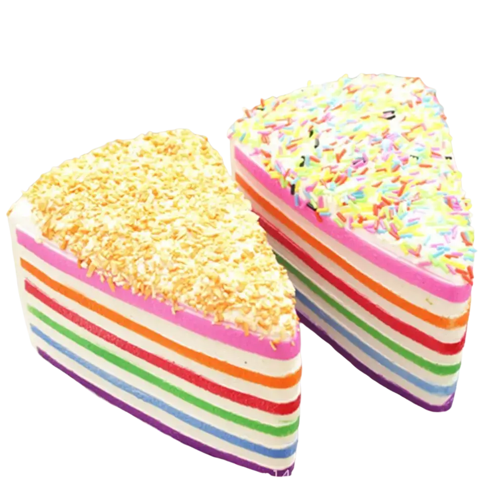 Slow-rebound rainbow cake stress relief toy shaped like a rainbow-striped layered cake slice with sprinkles and coconut flakes