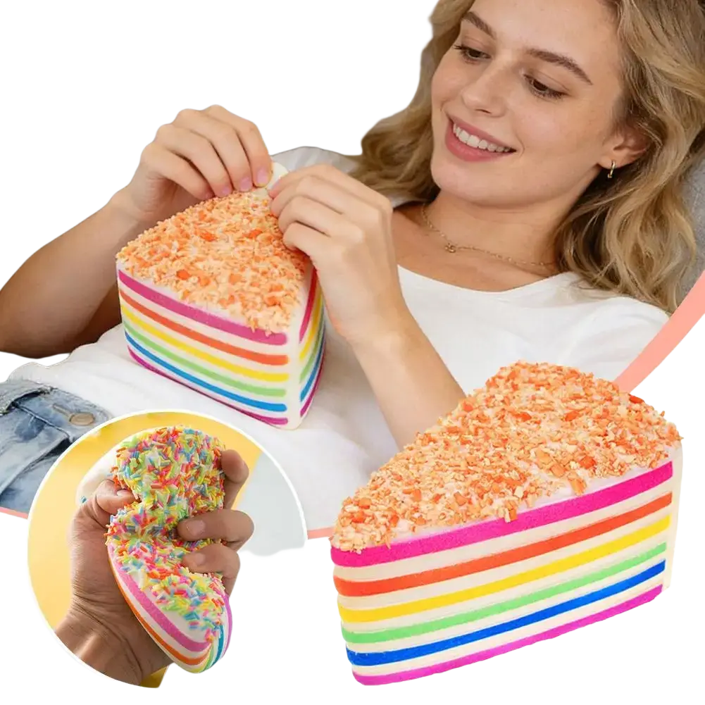 Slow-rebound rainbow cake stress relief toy shaped like a layered rainbow-striped squishy with orange sprinkles on top