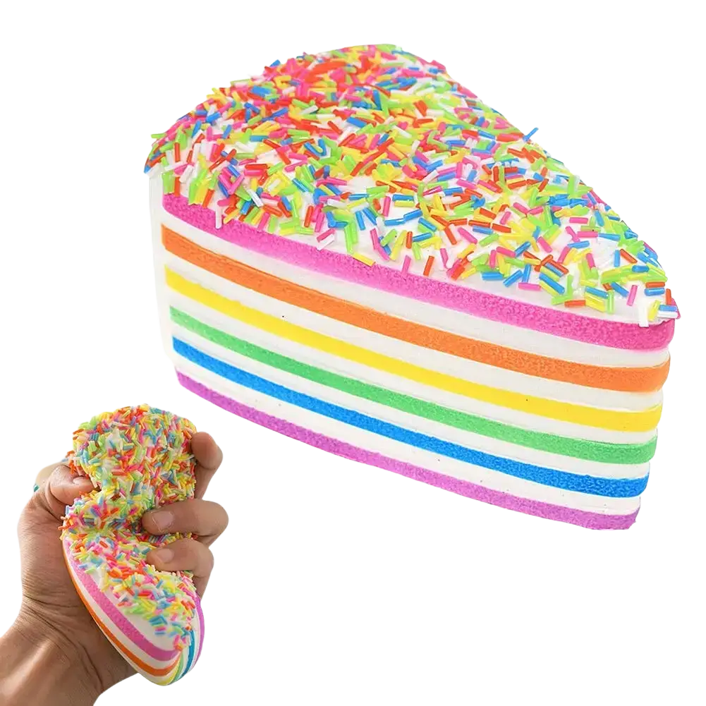 Slow-rebound rainbow cake stress relief toy with multi-colored sprinkle-covered rainbow-striped squishy design