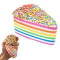 Slow-rebound rainbow cake stress relief toy with multi-colored sprinkle-covered rainbow-striped squishy design
