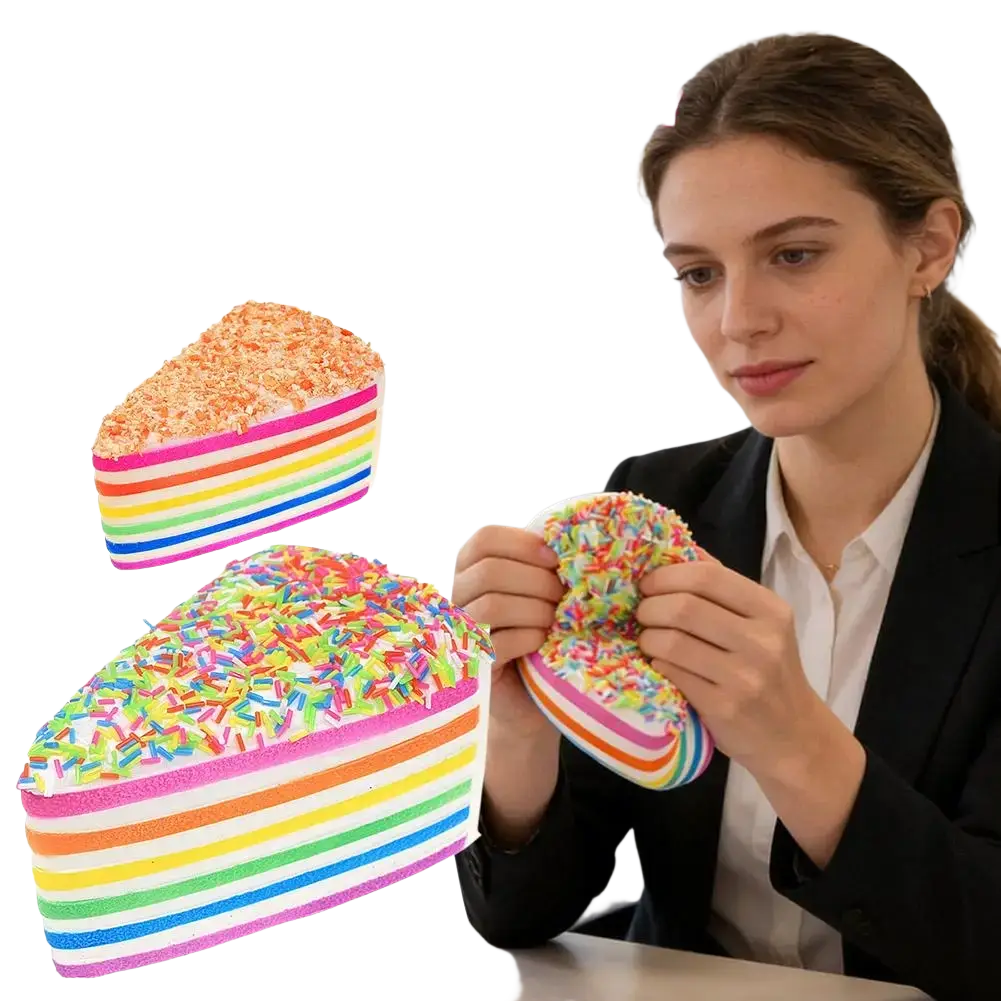 Slow-rebound rainbow cake stress relief toy made of silicone with colorful sprinkles and slow-rebound rainbow feature